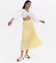 New Look Pale Yellow Gingham Tiered Midi Skirt